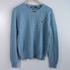 Polo Ralph Lauren Cable Knit Sweater V-Neck Men's M Gray Vintage 90s Preppy